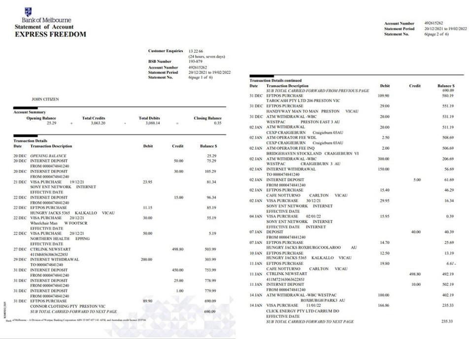 Download Australia Bank of Melbourne bank account  statement, 6 pages Photoshop template